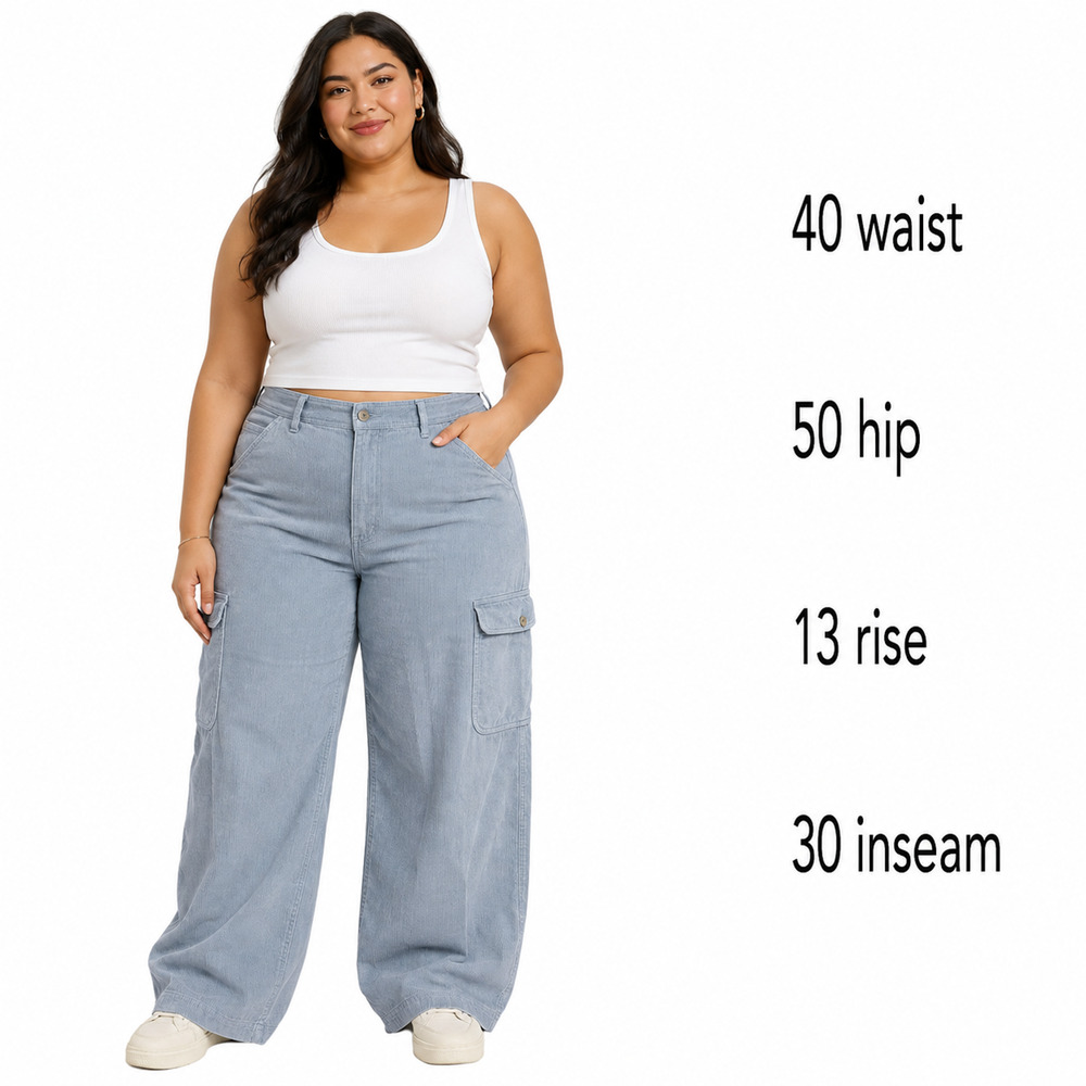 American Eagle Super High Rise Baggy Wide Leg Blue Corduroy Cargo Pants sz 18